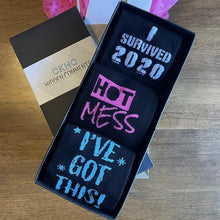 Load image into Gallery viewer, Gift Box of 3 Pair Fun Bamboo Socks for woman. Crew Socks, Fit shoe size 6-10. I Survived 2020, I&#39;ve Got This, Hot Mess

