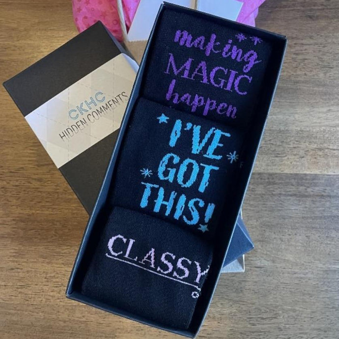Gift Box of 3 Pair Fun Bamboo Socks for woman. Crew Socks, Fit shoe size 6-10. Making Magic Happen, I've Got This, Classy Sassy