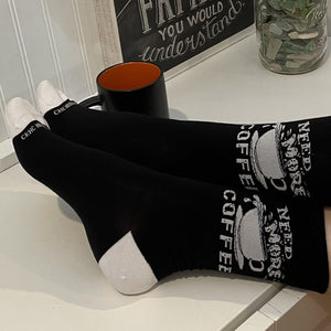 Need More Coffee Bamboo Socks for women. Black and white bamboo socks. Crew Size, fits shoe sizes 6-10. Hidden Comments Fun Socks for Women