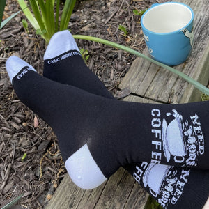 Need More Coffee Bamboo Socks for women. Black and white bamboo socks. Crew Size, fits shoe sizes 6-10. Hidden Comments Fun Socks for Women