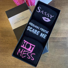 Load image into Gallery viewer, Gift Box of 3 Pair Fun Bamboo Socks for woman. Crew Socks, Fit shoe size 6-10.  Sassy Classy, Normal People Scare Me, Hot Mess
