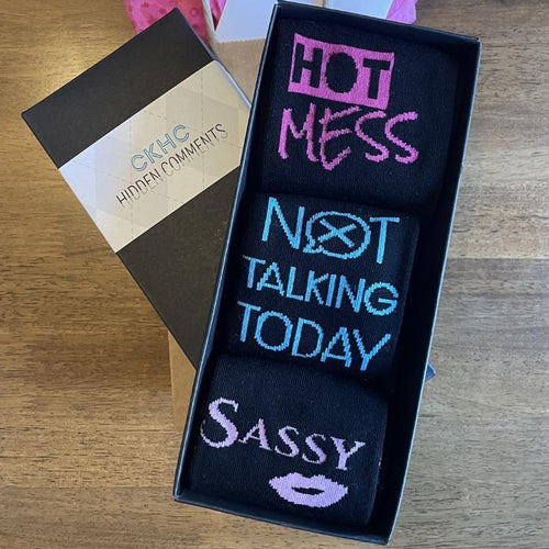 Gift Box of Socks, set of 3 bamboo socks, Hot Mess, Not Talking Today and Sassy/Classy.  Soft, comfy fun bamboo socks for women.