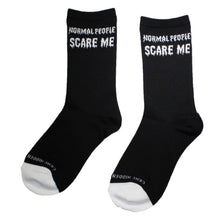 Load image into Gallery viewer, Normal People Scare Me Fun Sock for Women. Basic Black Bamboo sock with sayings  Crew Fit 6-10 sizes.  Women&#39;s Fun Socks. Crew Length. Fits Size 6-10. Bamboo Socks with fun sayings. Hidden Comments Socks, Gift ideas for friends, Gift ideas for Christmas, Gift idea for working women. Cool Socks
