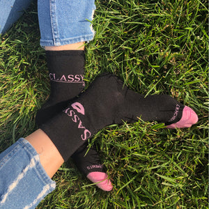 Classy Sassy Fun Women's Bamboo Sock Novelty Gift Crew Length Size 6-10 Hidden Comments Socks Gift ideas for friends Gift ideas for Christmas Gift idea for working women