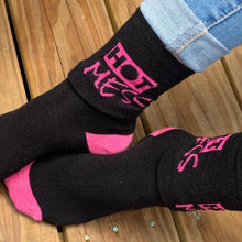 Load image into Gallery viewer, Hot Mess Women&#39;s Fun Sock. Crew Length. Fits Size 6-10. Bamboo Socks with fun sayings and hidden comments.  Women&#39;s Fun Socks. Crew Length. Fits Size 6-10. Bamboo Socks with fun sayings. Hidden Comments Socks, Gift ideas for friends, Gift ideas for Christmas, Gift idea for working women. Cool Socks

